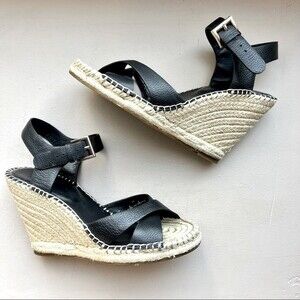 Joie Lena Espadrille Wedge Black Leather Sandals Women’s Size EU 38 US 7.5